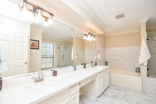 bathroom with a shower stall, a sink, and ornamental molding