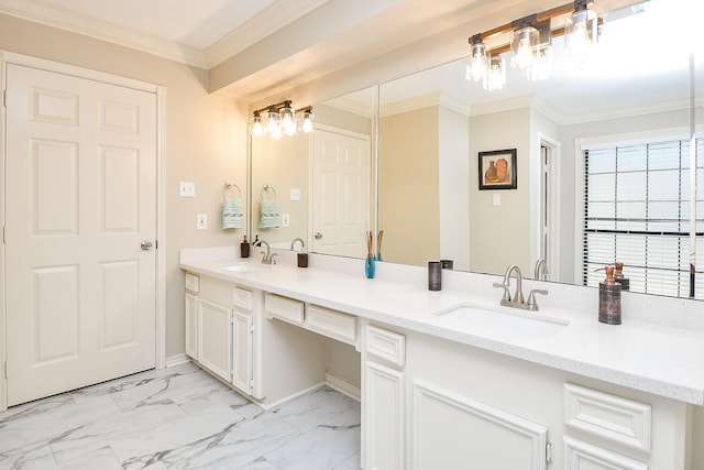 full bathroom with marble finish floor, a sink, and crown molding
