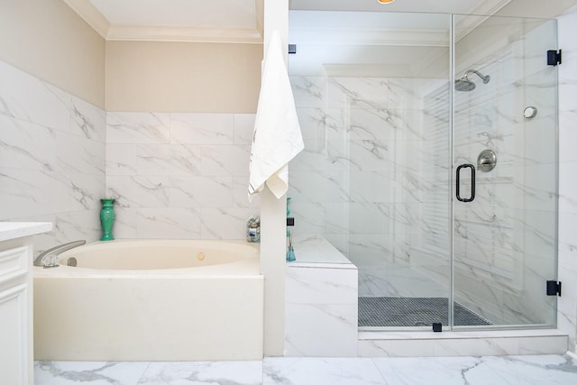 full bathroom featuring a bath, marble finish floor, ornamental molding, and a stall shower