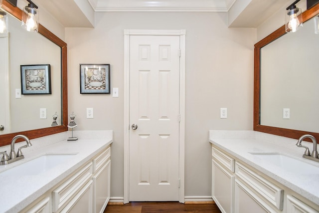bathroom featuring a sink, two vanities, and wood finished floors
