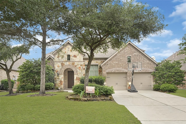view of front facade with brick siding, stone siding, a front lawn, concrete driveway, and an attached garage