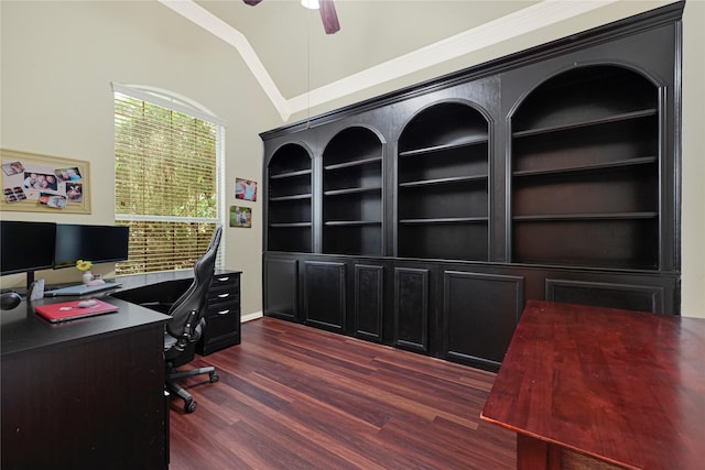 home office with dark wood-style floors, crown molding, a ceiling fan, baseboards, and lofted ceiling