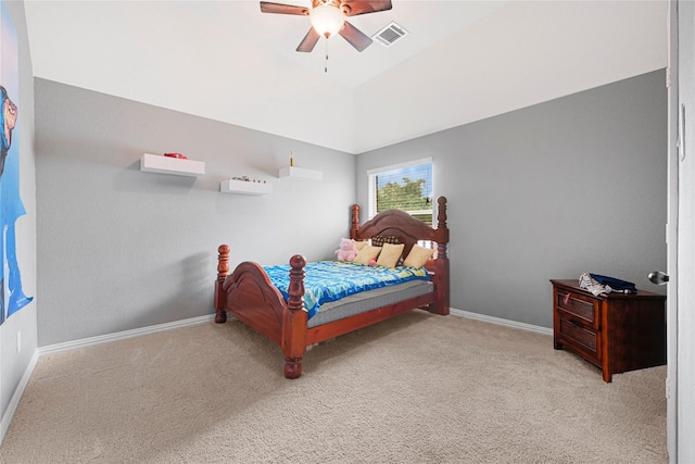 carpeted bedroom with visible vents, ceiling fan, vaulted ceiling, and baseboards