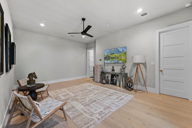 513 Pineal Dr, Montgomery, TX 77316 - living room featuring a ceiling fan, wood finished floors, baseboards, and recessed lighting