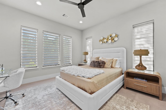 513 Pineal Dr, Montgomery, TX 77316 - bedroom with light carpet, baseboards, recessed lighting, and ceiling fan