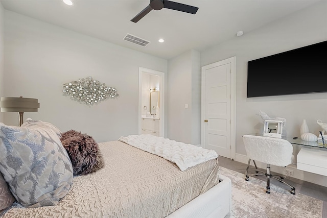513 Pineal Dr, Montgomery, TX 77316 - bedroom featuring recessed lighting, a ceiling fan, baseboards, and ensuite bathroom