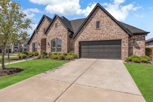 french country inspired facade featuring a front lawn, concrete driveway, brick siding, an attached garage, and a shingled roof