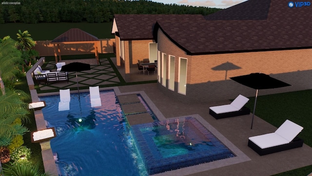 pool featuring fence, a jacuzzi, a gazebo, and a patio area