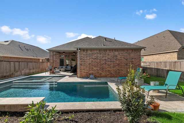 19122 Panther Cave Ct, Cypress, TX 77433 - view of swimming pool featuring ceiling fan, a fenced backyard, an outdoor living space, a patio, and a fenced in pool