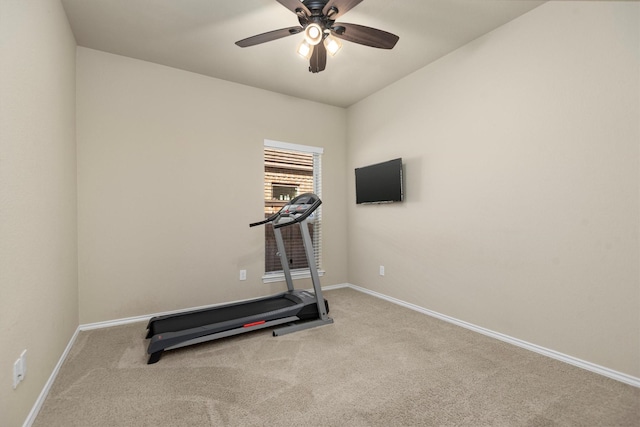 19122 Panther Cave Ct, Cypress, TX 77433 - exercise room with baseboards, a ceiling fan, and carpet flooring