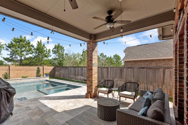 19122 Panther Cave Ct, Cypress, TX 77433 - view of patio / terrace with a fenced in pool, an outdoor living space, a fenced backyard, and a ceiling fan