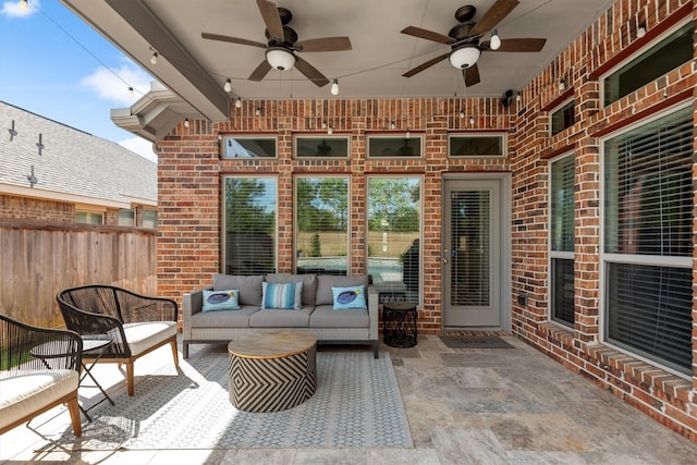 19122 Panther Cave Ct, Cypress, TX 77433 - view of patio / terrace featuring outdoor lounge area, fence, and ceiling fan