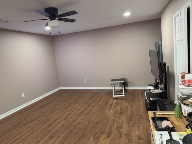 8622 Sparkling Springs Dr, Houston, TX 77095 - exercise area featuring visible vents, baseboards, a ceiling fan, and dark wood-style floors