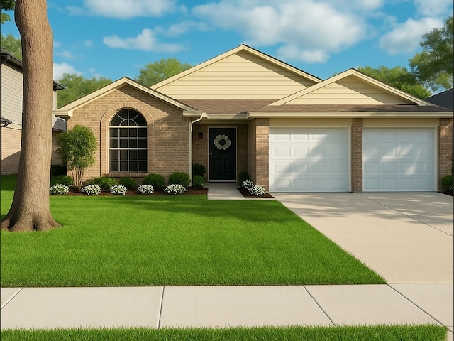 8622 Sparkling Springs Dr, Houston, TX 77095 - ranch-style home with a garage, concrete driveway, a shingled roof, a front lawn, and brick siding