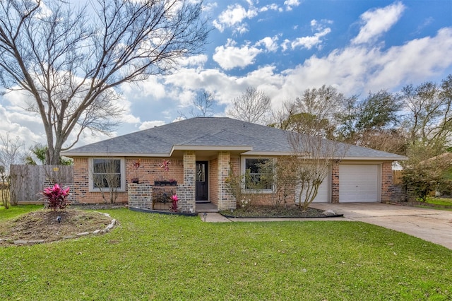 ranch-style home featuring concrete driveway, a front yard, brick siding, a garage, and fence
