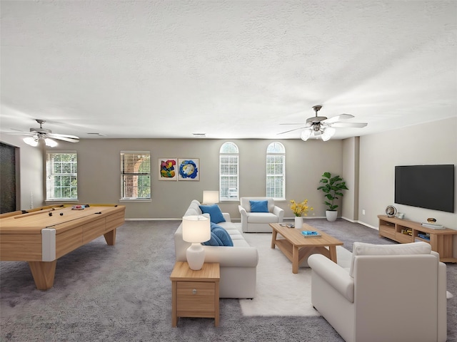 12223 Forstall Dr, Houston, TX 77014 - living room with carpet flooring, a ceiling fan, and billiards