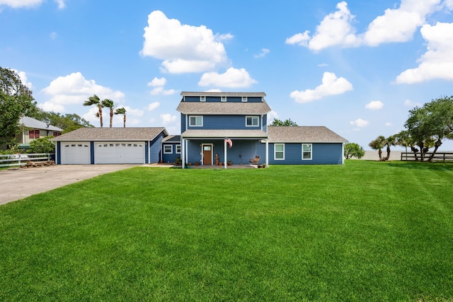 view of front of house featuring roof with shingles, a front lawn, covered porch, concrete driveway, and fence