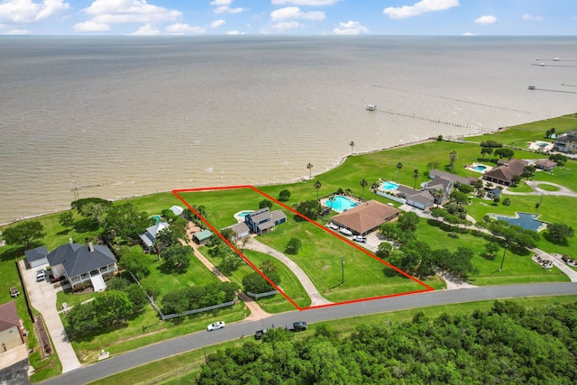 drone / aerial view with a water view