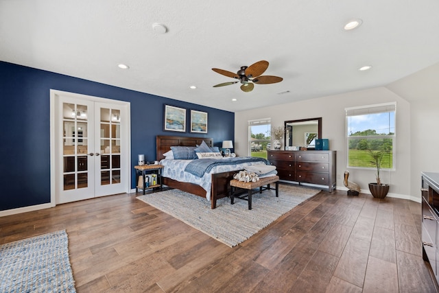 bedroom with ceiling fan, french doors, wood finished floors, and recessed lighting