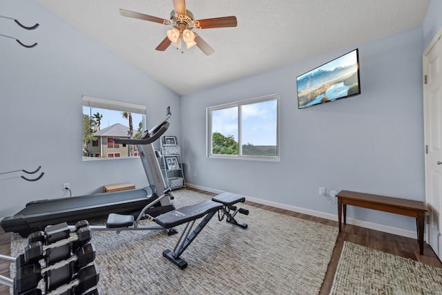 workout area featuring ceiling fan, baseboards, a healthy amount of sunlight, and wood finished floors