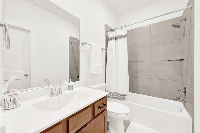 full bathroom with toilet, vanity, and shower / bath combination with curtain