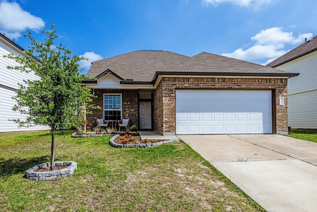 ranch-style house with brick siding, driveway, a front lawn, and a garage