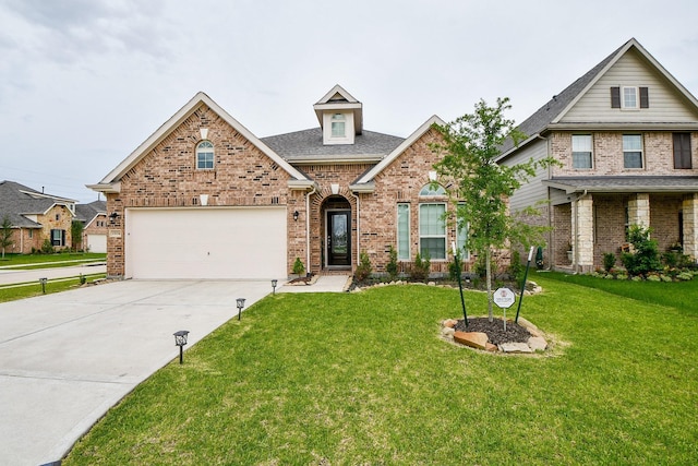view of front of property featuring concrete driveway, brick siding, a garage, a shingled roof, and a front yard