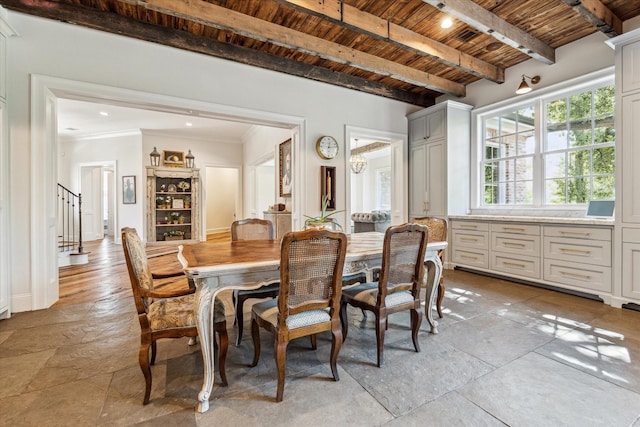 dining area featuring wood ceiling, beamed ceiling, stairs, and baseboards