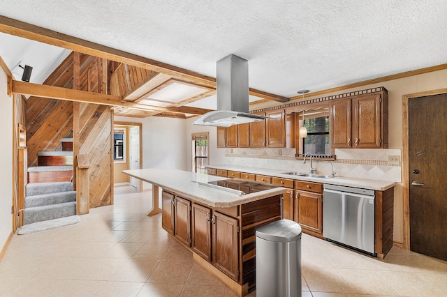 kitchen with island exhaust hood, a sink, electric stovetop, dishwasher, and light countertops
