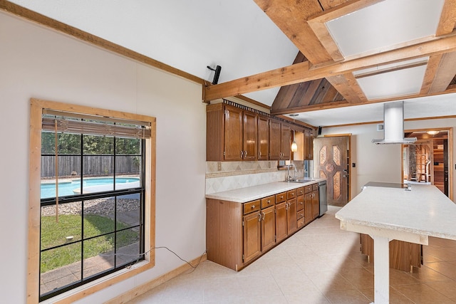 kitchen with stainless steel dishwasher, a sink, island exhaust hood, light countertops, and backsplash