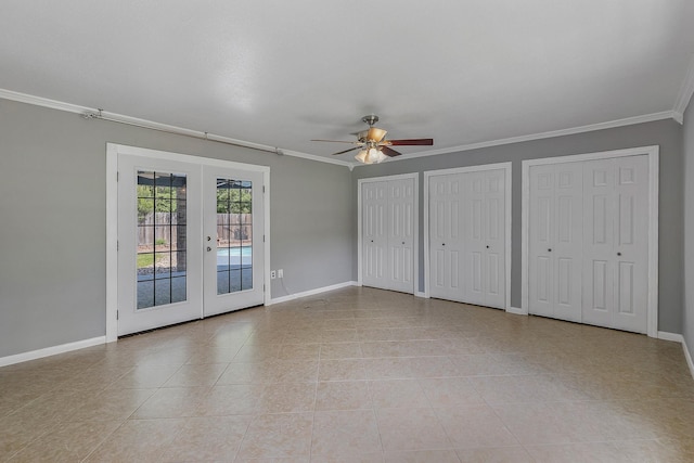 unfurnished bedroom with crown molding, light tile patterned flooring, french doors, and access to outside