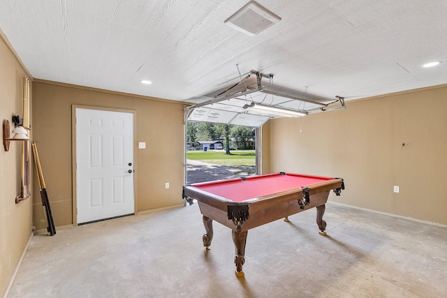 rec room featuring concrete flooring, recessed lighting, billiards, and a garage