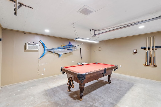 game room featuring recessed lighting, a wall unit AC, pool table, baseboards, and concrete floors