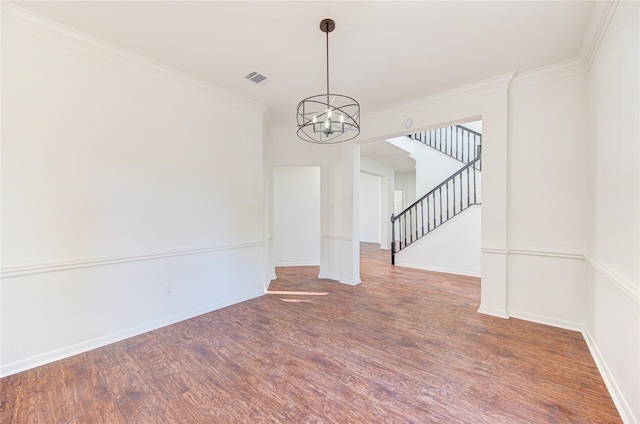 interior space with stairway, wood finished floors, visible vents, crown molding, and a notable chandelier