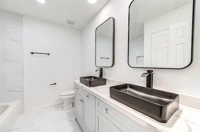 full bath with recessed lighting, marble finish floor, visible vents, toilet, and a sink