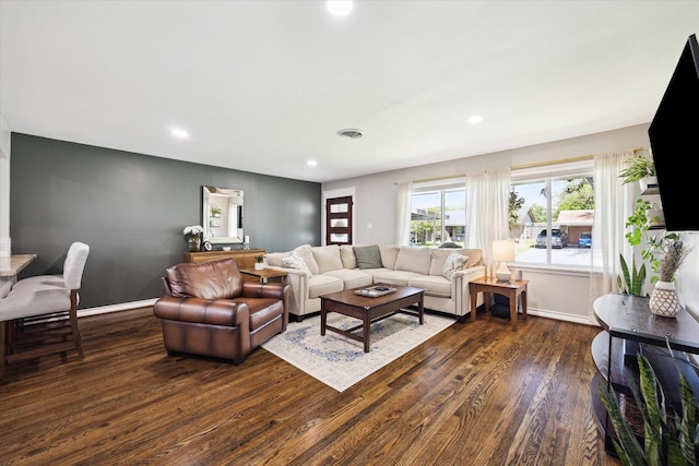 5205 Libbey Ln, Houston, TX 77092 - living area featuring baseboards, dark wood finished floors, recessed lighting, and visible vents