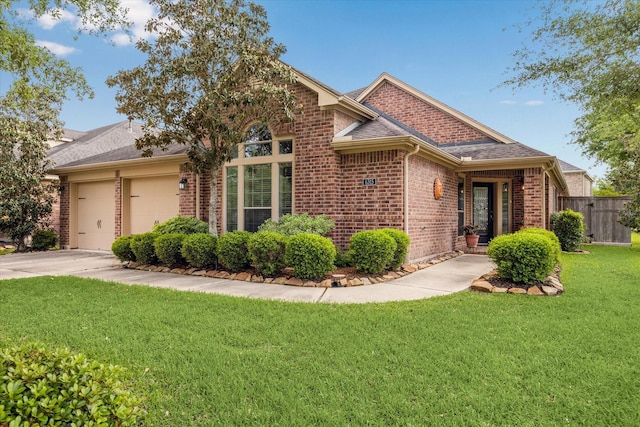 6315 Teal Mist Ln, Fulshear, TX 77441 - ranch-style home with driveway, a front yard, brick siding, fence, and an attached garage