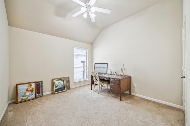 6315 Teal Mist Ln, Fulshear, TX 77441 - carpeted home office featuring baseboards, a ceiling fan, and lofted ceiling