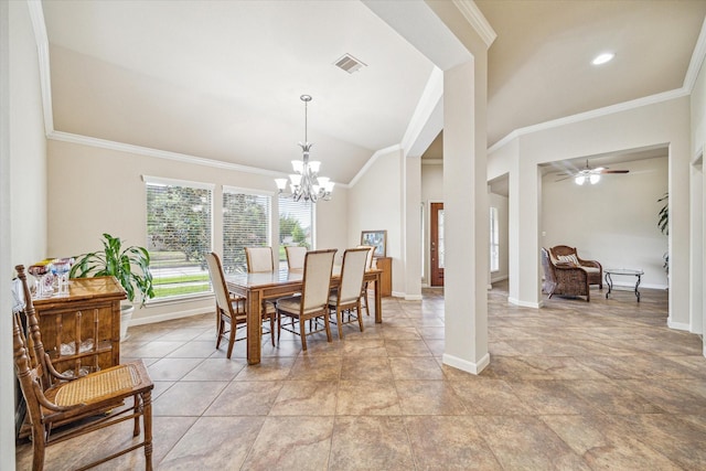 6315 Teal Mist Ln, Fulshear, TX 77441 - dining space featuring visible vents, baseboards, crown molding, and vaulted ceiling