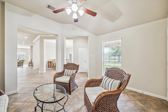 6315 Teal Mist Ln, Fulshear, TX 77441 - living area with visible vents, baseboards, ceiling fan, and vaulted ceiling
