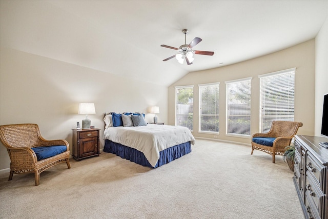 6315 Teal Mist Ln, Fulshear, TX 77441 - bedroom with light carpet, a ceiling fan, and lofted ceiling