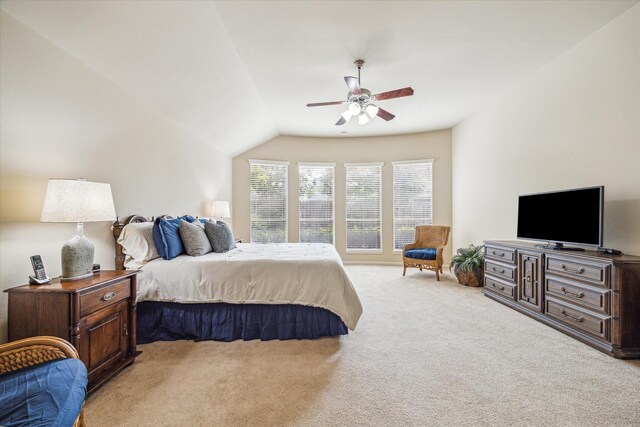 6315 Teal Mist Ln, Fulshear, TX 77441 - bedroom with light carpet, a ceiling fan, and lofted ceiling