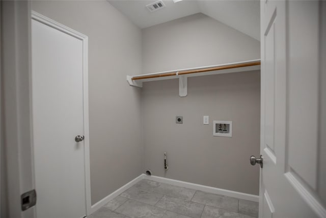 clothes washing area featuring baseboards, visible vents, hookup for a washing machine, electric dryer hookup, and laundry area
