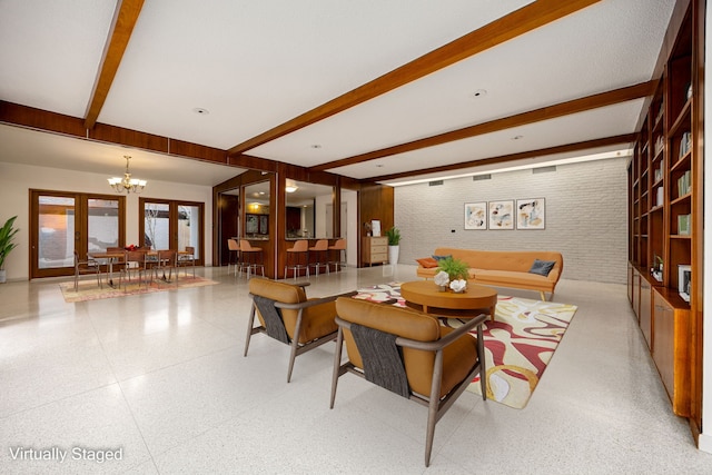 3622 N Braeswood Blvd, Houston, TX 77025 - dining room featuring a chandelier, beam ceiling, and speckled floor