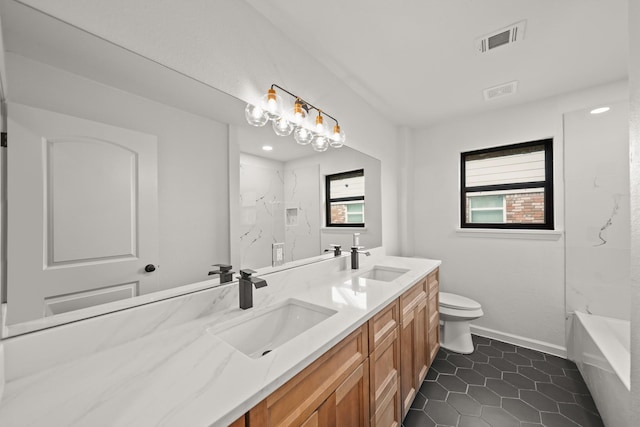 bathroom featuring toilet, double vanity, tile patterned flooring, a bath, and a shower