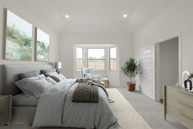 carpeted bedroom featuring recessed lighting, lofted ceiling, and baseboards