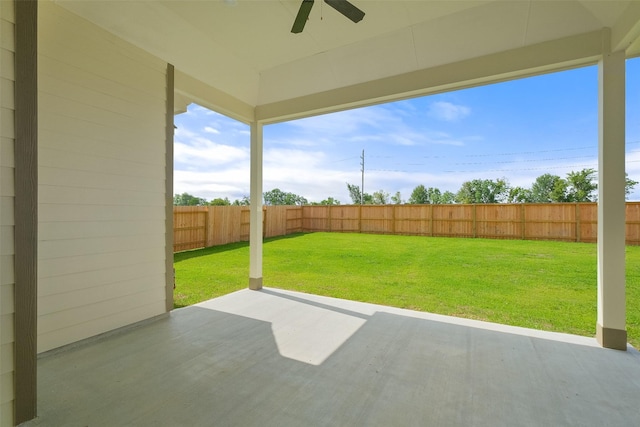 view of patio / terrace with a fenced backyard and a ceiling fan