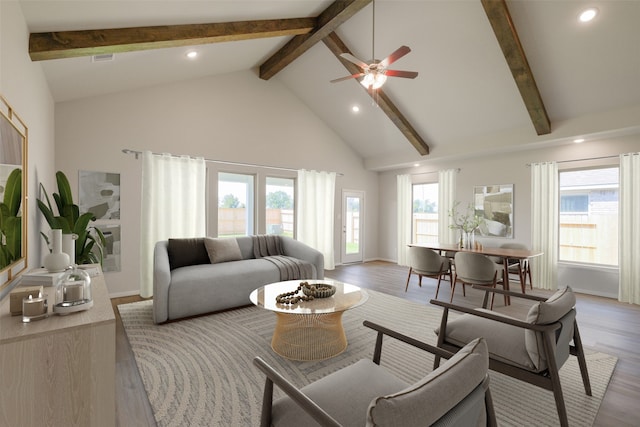 living area featuring recessed lighting, a ceiling fan, beam ceiling, light wood-style flooring, and high vaulted ceiling
