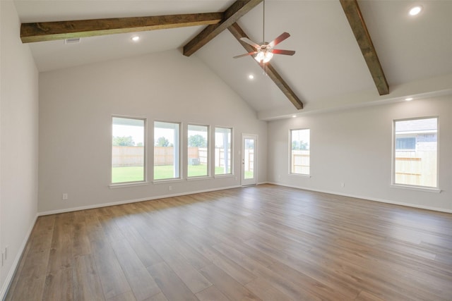 spare room featuring recessed lighting, wood finished floors, beamed ceiling, high vaulted ceiling, and ceiling fan