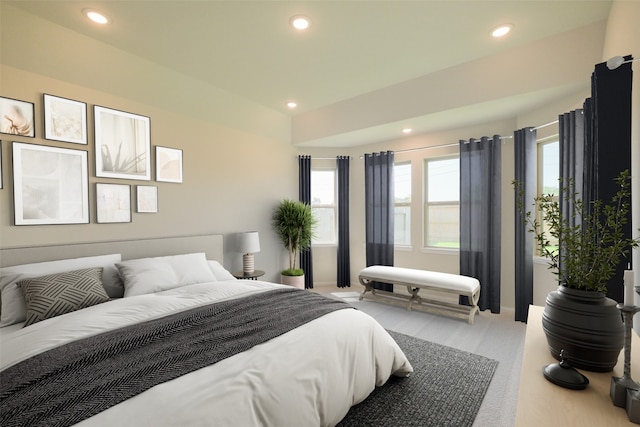 carpeted bedroom with recessed lighting